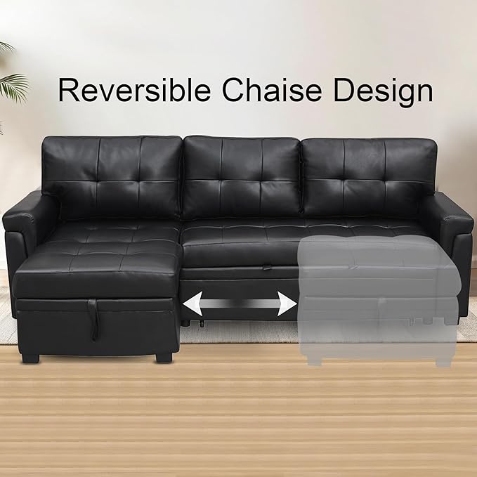 Naomi Home Modern Sectional Sofa with Storage Chaise Black/Air Leather-Ruum Studio Home