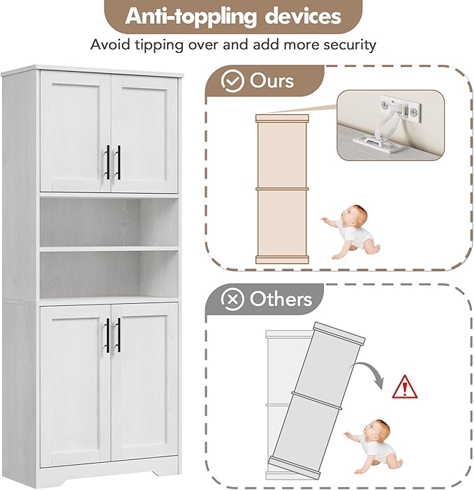 GarveeHome 67" Tall Storage Cabinet, Tall Bathroom Cabinet with 4 Doors and Adjustable Shelves, Freestanding Kitchen Pantry Cabinets, Cupboard for Living Room, Dining Room, Antique White-Ruum Studio Home