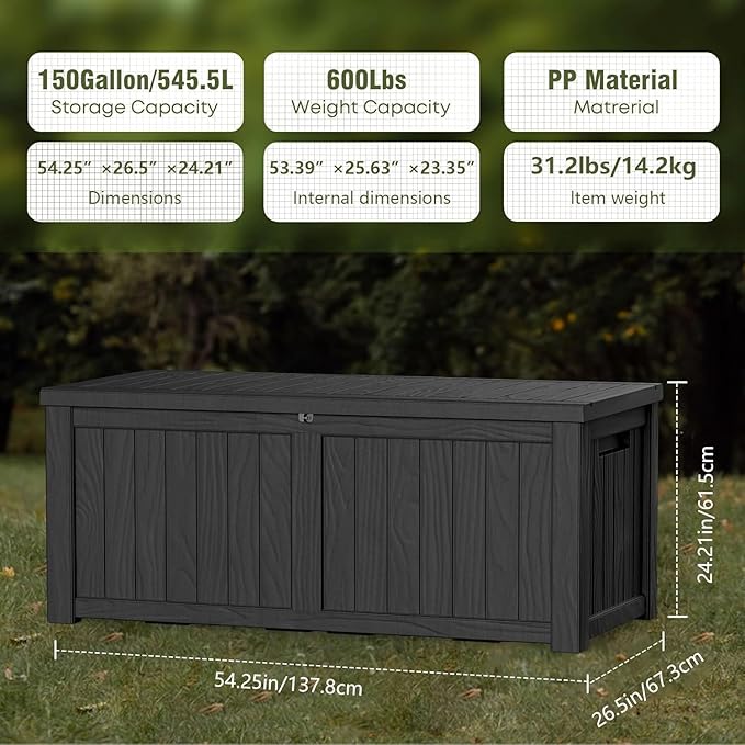 150 Gallon Outdoor Storage Box Waterproof Lockable Resin Deck Box Large, Patio Storage Bin for Pool Accessories Cushion Furniture, Garden Tools, UV-Resistant Outside Delivery Black-Ruum Studio Home