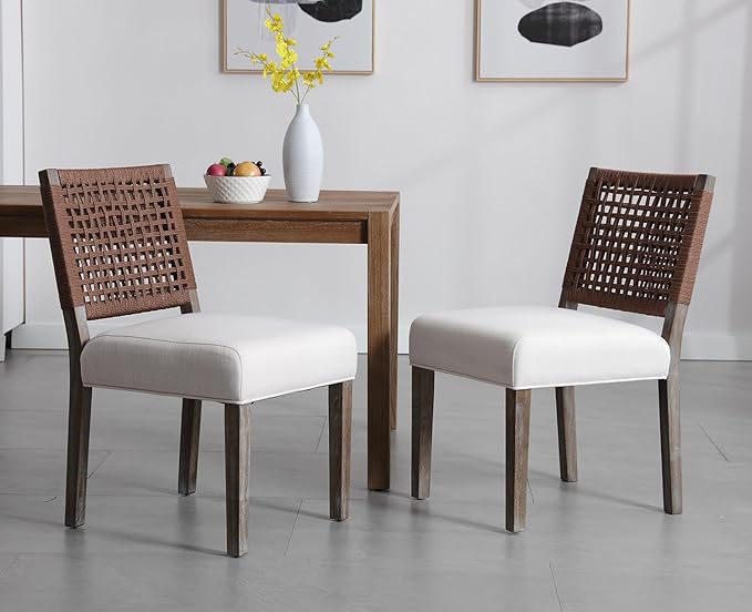 Kmax Farmhouse Dining Chairs Set of 2, Rustic Kitchen Chairs with Linen Fabric Seat and Woven Back, Vintage Accent Chairs for Dining Room, Living Room, Beige-Ruum Studio Home