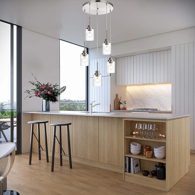 5 Light Farmhouse Pendant Lighting for Kitchen Island,Brushed Nickel Dining Room Cluster Pendant Light Fixtures Hanging Ceiling with Seeded Glass,Modern Pendant Light for Entrance Stairwell-Ruum Studio Home