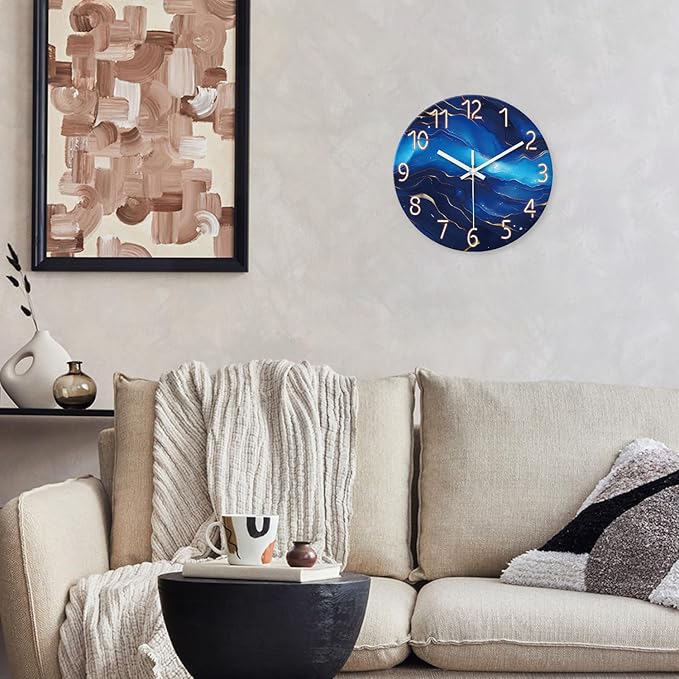 Glass Blue Wall Clocks Battery Operated 16 Inch Marble Pattern Big Clock for Office Abstract Silent Wall Clock Non Ticking-Ruum Studio Home