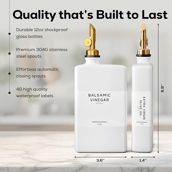 White Glass Olive Oil Dispenser Bottle for Kitchen by Brighter Barns - Avocado Oil Dispenser Set, Vanilla Syrup Bottle - Modern Decor, Gold Kitchen Accessories for Home, Airbnb, Cafe (White, Set of 2)-Ruum Studio Home