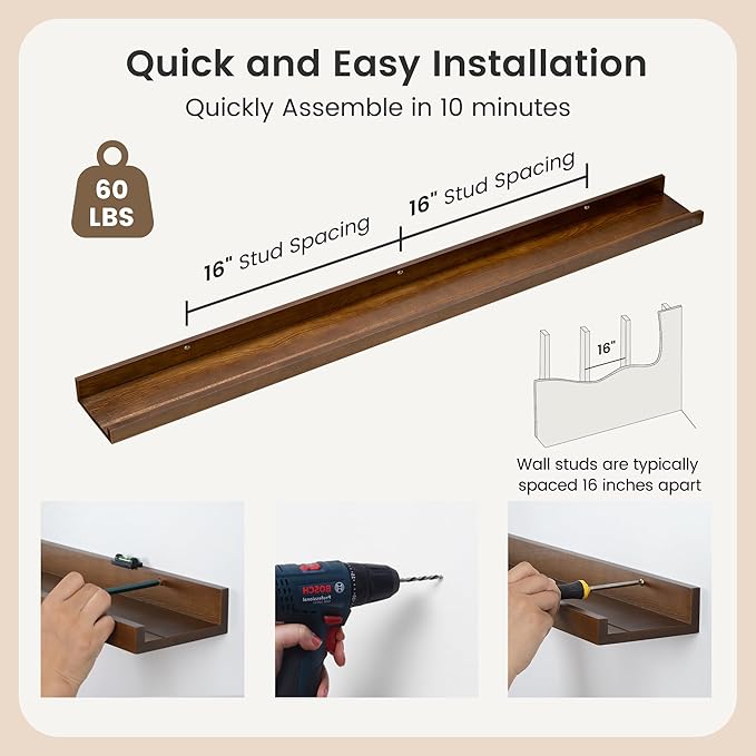 Picture Ledge Wall Shelves 48 Inches Width Set of 3, Solid Pine Wood Rustic Floating Ledge for Kids' Room Bedroom Kitchen Bathroom, Long Floating Shelves for Wall Decor, Walnut-Ruum Studio Home