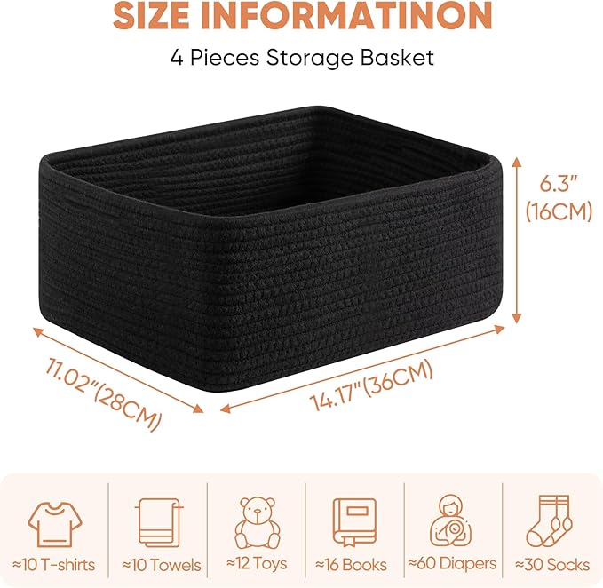 OIAHOMY 4 Pack 14.17*11.02*6.3IN Storage Baskets for Organizing Shelves, Woven Rope Baskets for Organizing Books, Clothes, Decorative Basket for Living Room, Nursery, Bedroom, Gift Basket, Black-Ruum Studio Home
