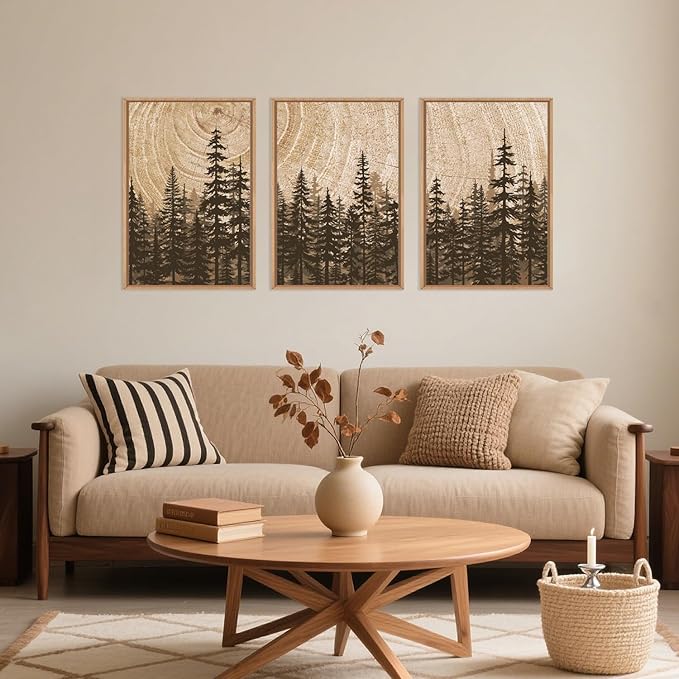 Celestdeco Pine Tree Framed Canvas Wall Art Set, Natural Woodland Landscape Wall Decor, Large Retro Forest Painting, Vintage Brown Artwork for Living Room, Bedroom, Kitchen, Study, Office - 24"x36"x3-Ruum Studio Home