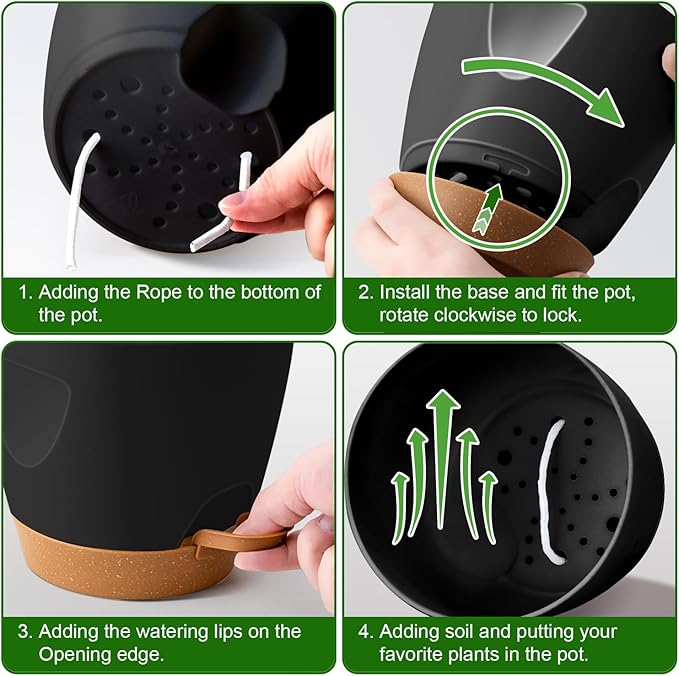 '- Uneed Plastic Flower Pot,5-Pack Plant Pots with Drainage 7/6.5/6/5.5/5 Inch,Self Watering Pots for Indoor Plants,Planters for Indoor Outdoor Plants (Black)-Ruum Studio Home