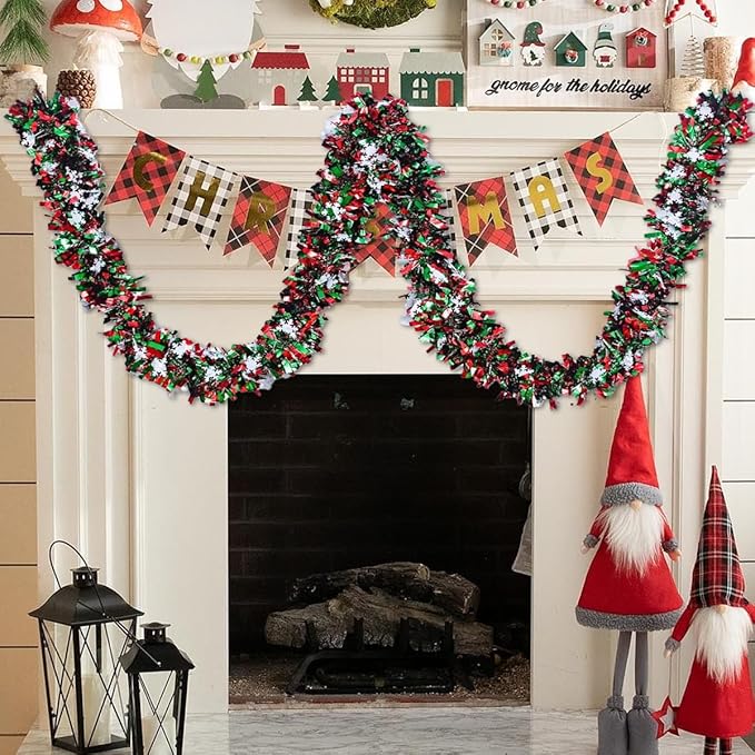 50 Feet Green Red Christmas Metallic Tinsel Twist Hanging Garland with Snowflake for Home Mantle Xmas Tree Staircase Railing New Year Holiday Party Indoor Outdoor Decorations（2 Pcs）-Ruum Studio Home