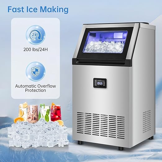 Ice Maker Commercial Ice Machine 200 lbs /24H, 33 lbs Large Storage Capacity Bin, Under Counter or Freestanding Ice Cube Makers Stainless Steel for Restaurant Bar Cafe-Ruum Studio Home