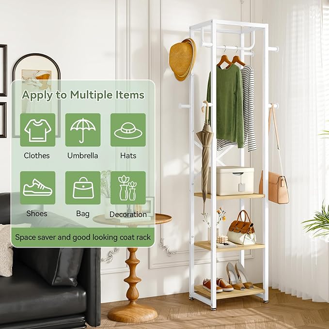 IBUYKE Coat Rack with Shelves, Freestanding Hall Tree with 3 Shelves and 8 Hooks, Industrial Clothes Stand for Entryway, Hallway, Bedroom, Natural UTMJ088R-Ruum Studio Home