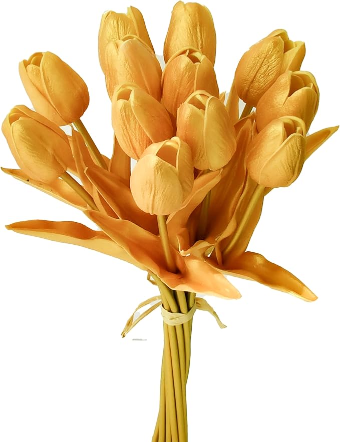 Mandy's Artificial Tulips 12 Stems Fully Gold PU Faux Flowers for Wedding Home Decor 13.5 Inch-Ruum Studio Home