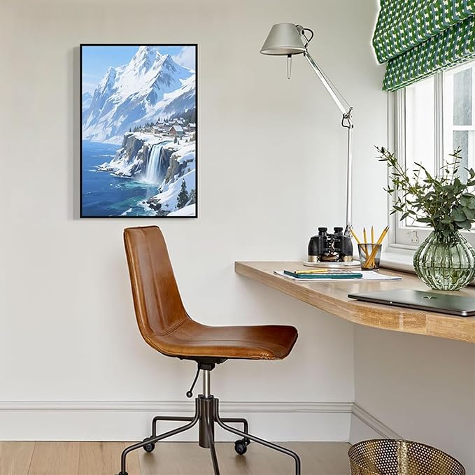 Winter lakeside town and snowy scenery merge together to form a landscape poster wall art suitable for living room bedroom and office-Ruum Studio Home