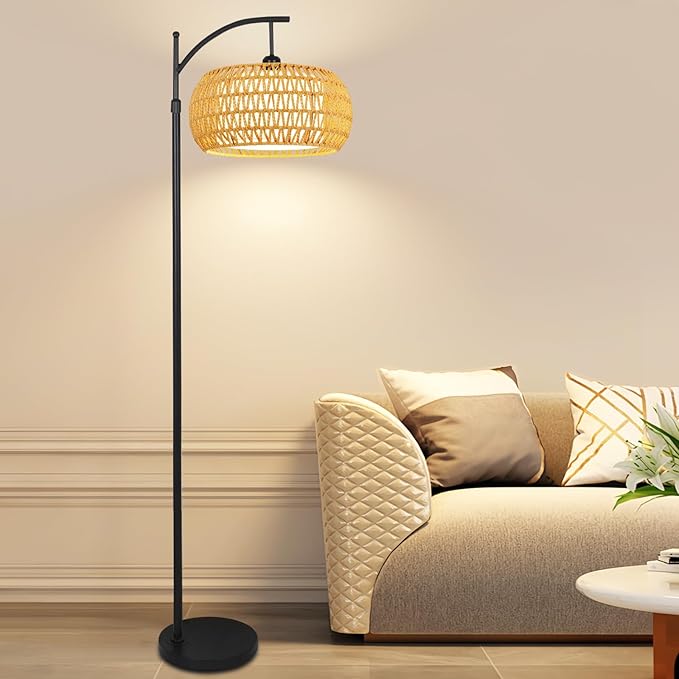 Arc Floor Lamps for Living Room Rattan Boho Floor Lamp with Remote Control,Dimmable LED Floor Lamp Wicker Lamp Shades Black Standing Lamp with 3 Color Temperature Tall Floor Lamps For Bedroom Corner-Ruum Studio Home