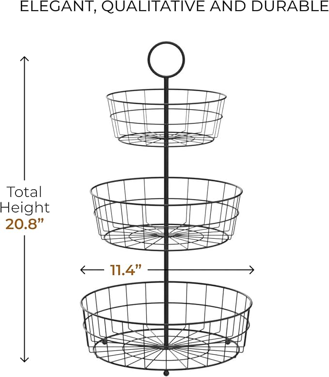 REGAL TRUNK & CO. 3 Tier Fruit Basket, Elegant French Country Wire Baskets, Three Tiered Wire Basket Stand for Vegetables, Bread & More for Countertop or Hanging, Christmas or Birthday Present-Ruum Studio Home