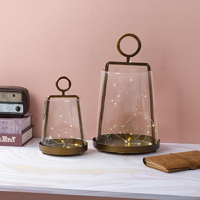 9" Wide Modern Farmhouse Metal Hurricane Candle Holder with Handmade Sturdy Glass Sleeve in Antique Brass for Pillar Candle & Plants, Hurricane Lantern, Industrial, Minimalistic (1, Brass, 9"x14")-Ruum Studio Home