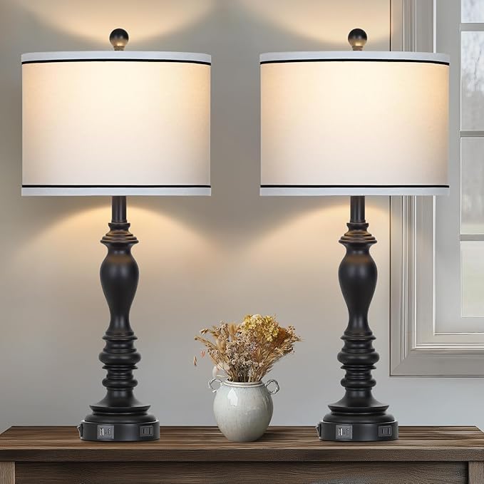 27.5" Farmhouse Table Lamp for Living Room, Black Lamps Set of 2 with USB A+C Ports, Mid Century Tall Table Lamp for Bedroom, Bedside Lamps for Night Stands(2 Bulbs Included)-Ruum Studio Home