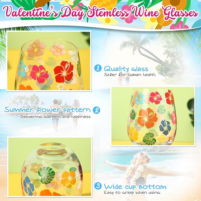 Sliner 2 Pack 17oz Summer Hawaiian Stemless Wine Glasses Aloha Stemless Wine Glass Luau Colorful Flowers Leaves Tumbler Cups for Hawaiian Tiki Party Supplies Birthday Gift-Ruum Studio Home