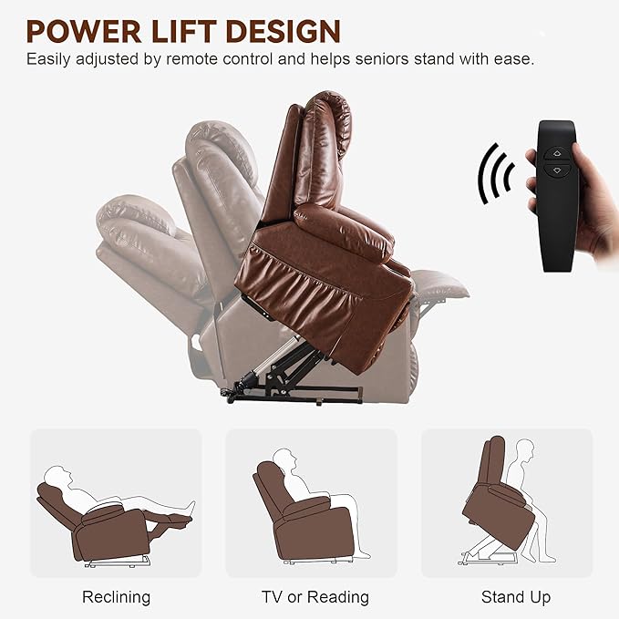 SALOHZA Power Lift Recliner Chair for Elderly with Massage and Heat for Living Room, Electric Recliner Chair for Adults with USB/Type C Port/Cup Holders, PU Faux Leather, Dark Brown-Ruum Studio Home