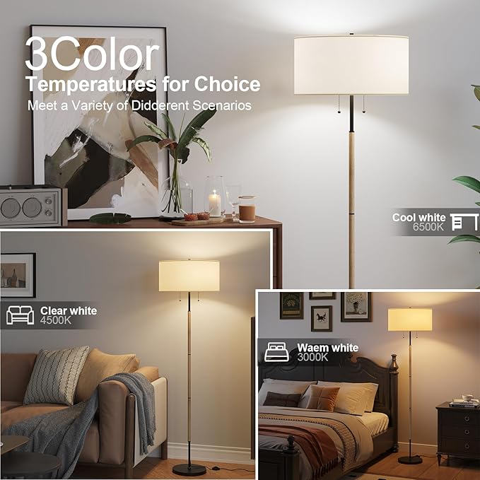 2-Light Floor Lamp, Mid Century Floor Lamp with White Fabric Shade, Standing Lamp Tall Lamp for Living Room Bedroom, 3 Color Temperatures 9W Bulb Include-Ruum Studio Home