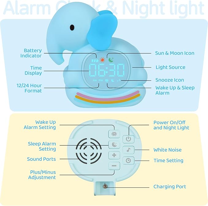 Alarm Clock for Kids with Night Light, Sleep Training Clock Time to Wake Clock, Rechargeable Silicone Light for Bedroom, Perfect Sleep Companion for Boys Girls，Blue Elephant-Ruum Studio Home
