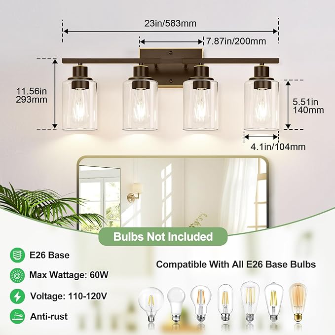 4 Light Bathroom Light Fixtures, Oil-Rubbed Bronze Modern Vanity Lights with Clear Glass Shades, Bathroom Wall Lamp for Mirror Living Room Cabinet-Ruum Studio Home