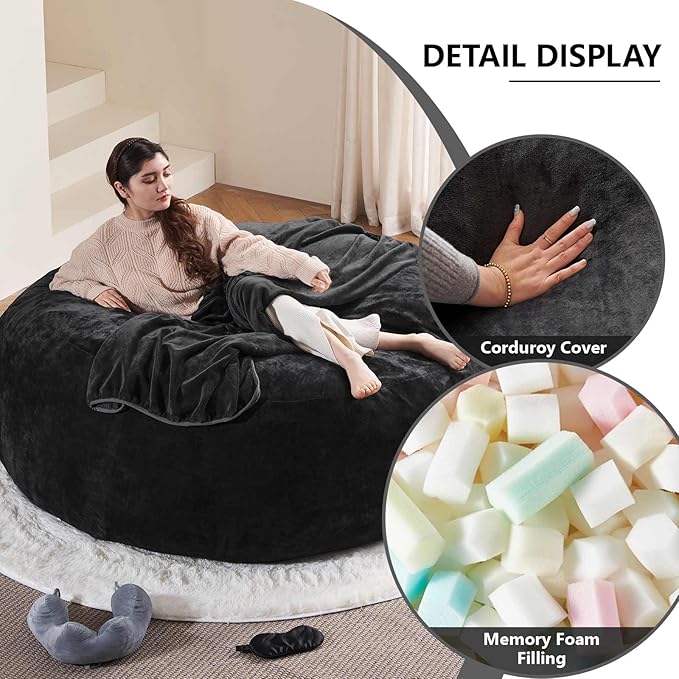 6FT,Oversized Bean Bag Chairs for Adults,Giant beanbag with Filler Included，Fluffy Memory Foam,Soft and Comfy Corduroy Fabric,Gaming Chairs Suitable for Living Room and Bedroom (Black, 6 Foot)-Ruum Studio Home