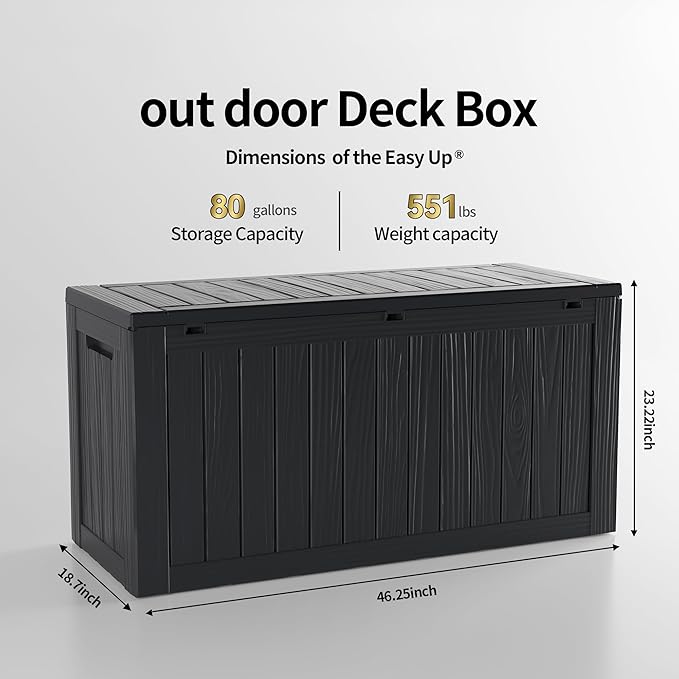 80 Gallon Lockable Resin Deck Box, Waterproof & UV-Resistant Outdoor Storage Box for Outdoor Cushion Storage, Garden Tools & Pool Accessories Storage, Black-Ruum Studio Home