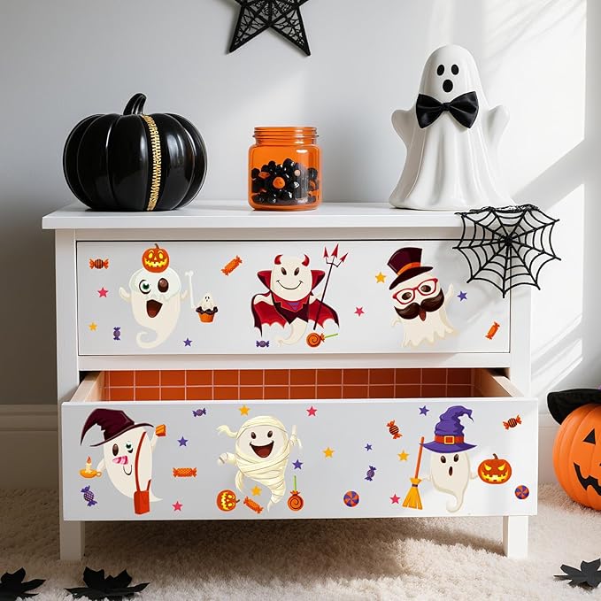 6 Sheet Halloween Stickers Clings Cute Ghost Decals Decor for Kids, Vintage Ghost Evil Pumpkin Reusable Window Stickers for Halloween Party Supplies Home Glass Decorations-Ruum Studio Home