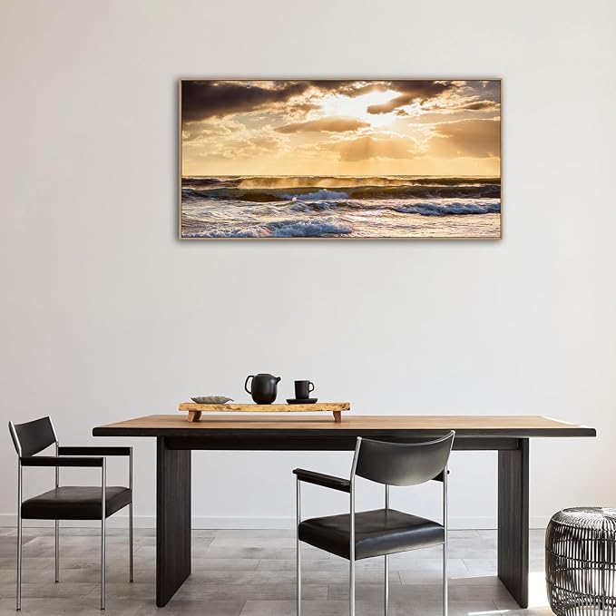 Framed Sunset Ocean Wall Art - Canvas Wall Decor Glow Sea Scene Nature Landscape Prints Sunset Over the Ocean Painting Artwork Living Room Bedroom Office Home 24" x 48"-Ruum Studio Home