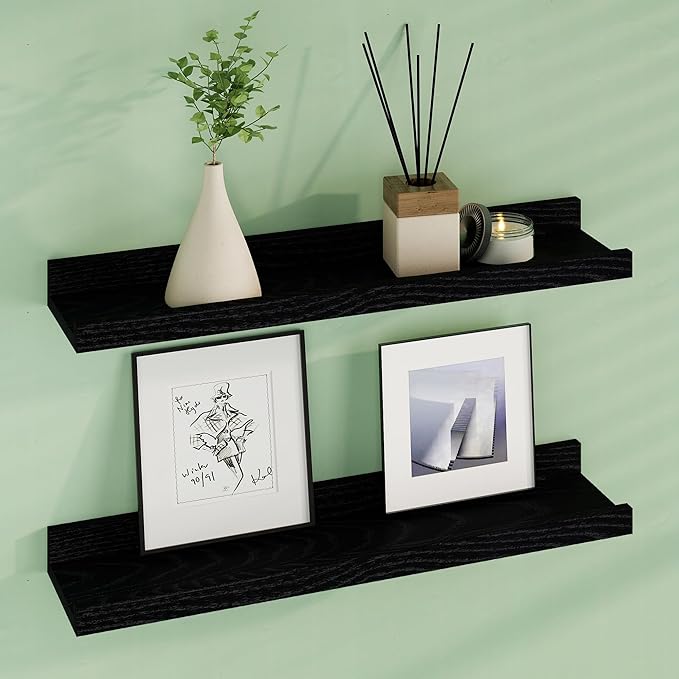 Floating Picture Ledge Shelves 24 Inch Solid Oak Wood Set of 2, Rustic Wall Storage Shelves with Lip, Kids Bookshelf, Photo & Picture Ledge Shelves for Bedroom, Living Room, Kitchen-Ruum Studio Home