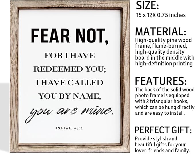 Christian Wooden Wall Sign, Bible Verse Hanging Decor, Master Bedroom Decors, Religious Home Decor, Framed Wall Plaque Sign 15 * 11.5 inches, Christian Gift, Fear Not, for I Have Redeemed You-Ruum Studio Home