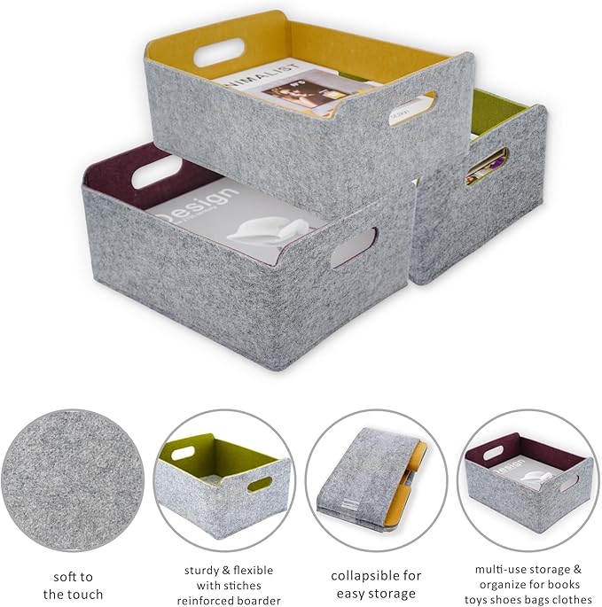 Welaxy Storage Baskets Collapsible Felt Storage bin Foldable Shelf Drawers Organizers for Kids Pet Toys magazine Books Clothes Closet Cabinet decluttering (Curry +Moss green + Wild berry)-Ruum Studio Home