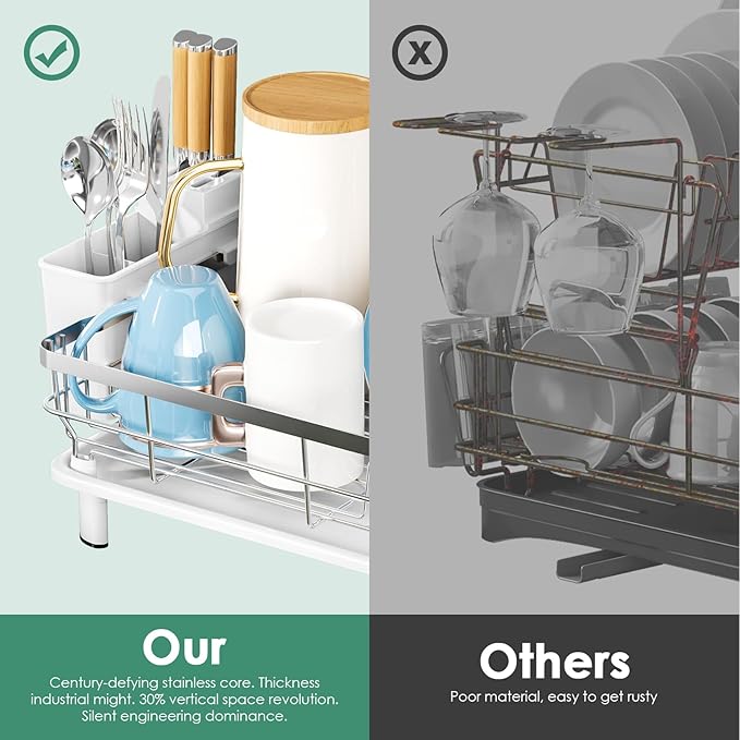 MOUKABAL Dish Drying Rack - Stainless Steel Dish Rack, Dish Racks for Kitchen Counter, Drying Rack Kitchen with Removable Utensil Holder, Drainboard and Glass Organizer (White)-Ruum Studio Home