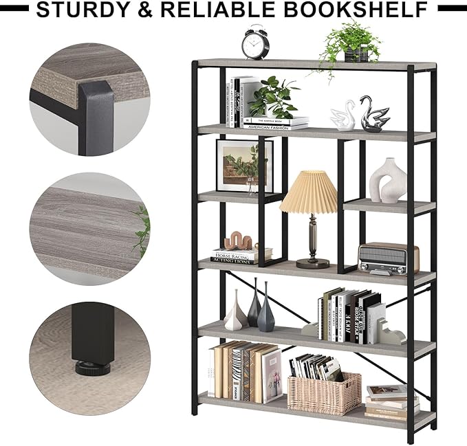 LVB Industrial 6 Tier Bookshelf, Large Tall Open Rustic Vintage Etagere Bookcase, Gray Big Wide Modern Farmhouse Wood and Metal Book Shelf for Home Bedroom Living Room Office Storage, Light Grey Oak-Ruum Studio Home