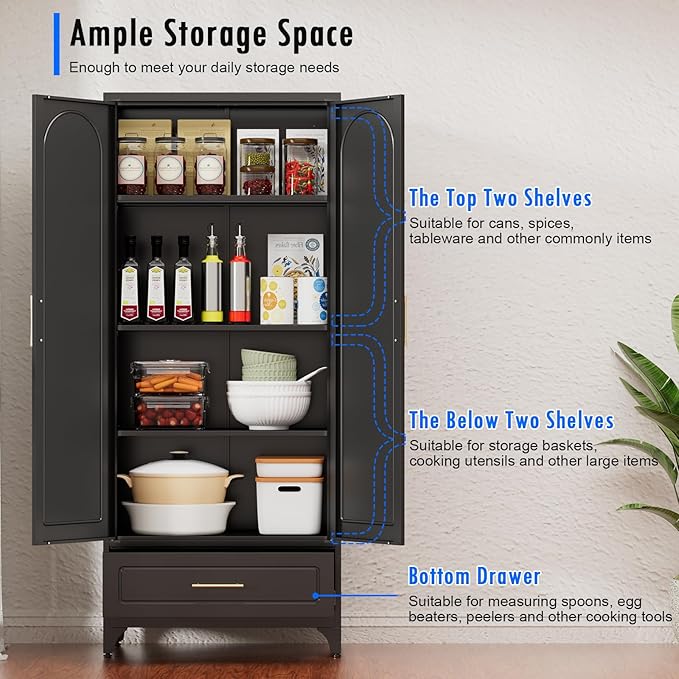 Black Pantry Kitchen Cabinet with Drawer, 75 Inch Metal Storage Cabinet with Doors and Shelves, Steel Food Pantries, Large Freestanding Cupboard for Living&Dining Room-Assemble Required-Ruum Studio Home