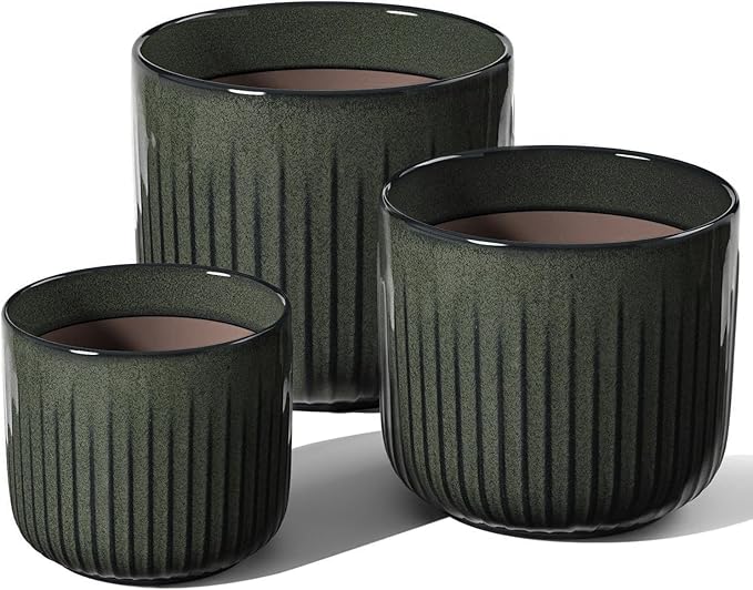 LE TAUCI Fluted Ceramic Planters Set of 3 – 8.3/7 / 5.7 in Dark Olive Reactive Cylinder Indoor Plant Pots with Drainage Plug & Mesh, Glossy Stoneware Flower Pots for Succulents Herbs-Ruum Studio Home