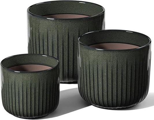 LE TAUCI Fluted Ceramic Planters Set of 3 – 8.3/7 / 5.7 in Dark Olive Reactive Cylinder Indoor Plant Pots with Drainage Plug & Mesh, Glossy Stoneware Flower Pots for Succulents Herbs-Ruum Studio Home