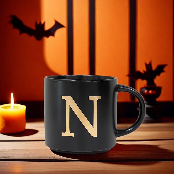COLLECTIVE HOME - Monogram Ceramic Mugs, 15 oz Golden Initial Black Coffee Cups, Elegant Alphabet Tea Mugs, Elegant Personalized Mug with Gift Box, Unique Mug with Double Side Capital Lette (N)-Ruum Studio Home