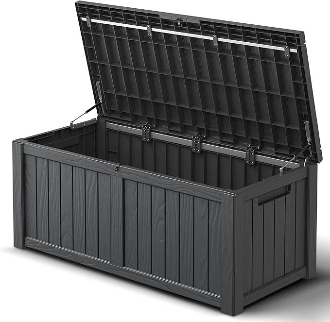 Deck Box, 120 Gallon Outdoor Storage Box Lockable Patio Waterproof for Furniture, Garden Tools, Sports Equipment and Pool Supplies, Waterproof, Resin, Lockable-Ruum Studio Home