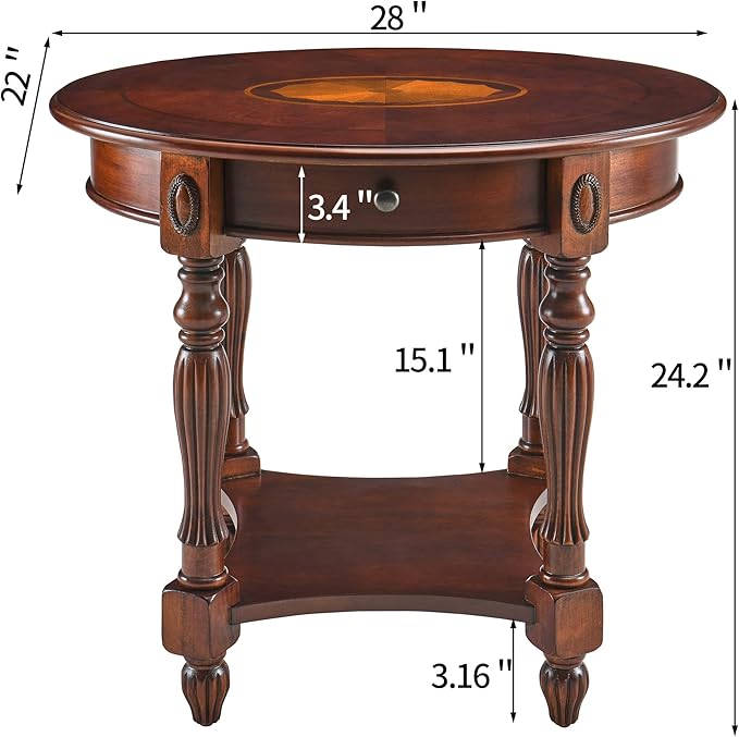 MODERION Solid Wood End Table with Drawer, Oval Sofa Side Table, Storage Shelf, Living Room Corner Table, Nightstand, 24”H Cherry Walnut CJZ1533WD-DR-Ruum Studio Home