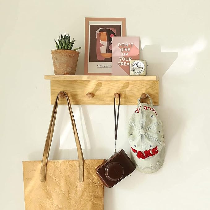 Entrance Coat Rack ，Coat Hooks, Wall-Mounted Wooden Hook Rack, Wall-Mounted Shelves are Very Suitable (Oak Colored Finish-2)-Ruum Studio Home