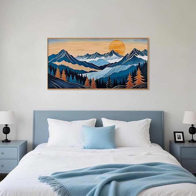 Blue Woodcut Mountain Framed Canvas Wall Art Set, Boho Abstract Ridge Wall Decor, Pine Tree Landscape Wall Painting, Sunrise Forest Art Print for Living Room, Bedroom, Office - 20"X40"-Ruum Studio Home