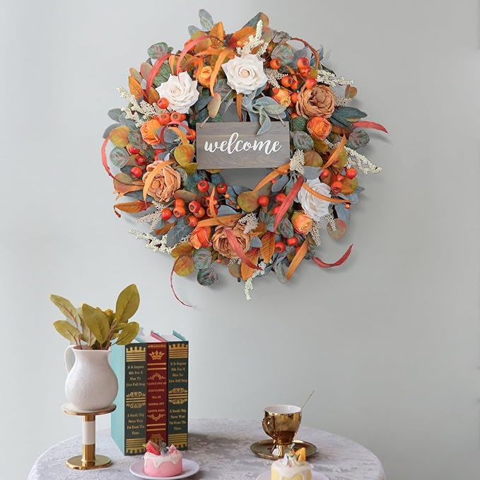 Fall Wreath for Front Door, 24 Inch Autumn Wreath with lamb's Ear Leaves, Roses, Berries & Wooden Sign,Fall Decorations for Home, Artificial Flowers Harvest and Thanksgiving Indoor & Outdoor-Ruum Studio Home