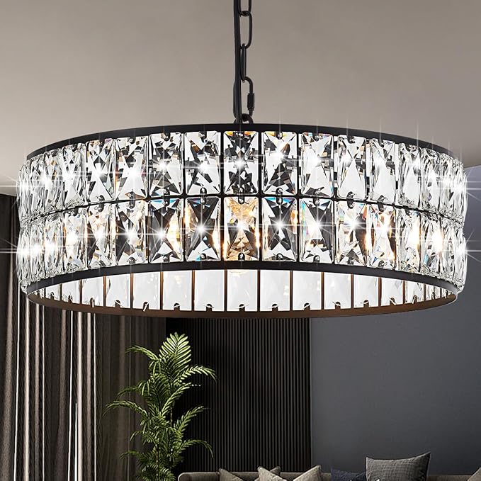 16” 4-Light Modern Crystal Chandeliers Black Dinning Room Light Fixture, Round Pendant Light Kitchen Island Chandelier, Flush Mount Ceiling Light for Living Room Entryway Bedroom Foyer-Ruum Studio Home