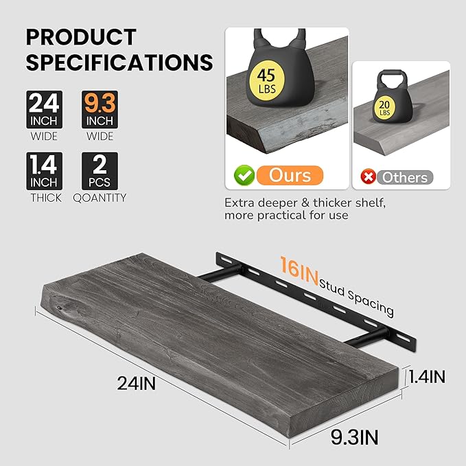 Floating Shelves for Wall, 24"x9.3" Rustic Solid Live-Edge Elm Wood Wall Shelves, Heavy-Duty Floating Shelves with Invisible Brackets, Set of 2 for Living Room, Bedroom, and Kitchen, Grey Finish-Ruum Studio Home