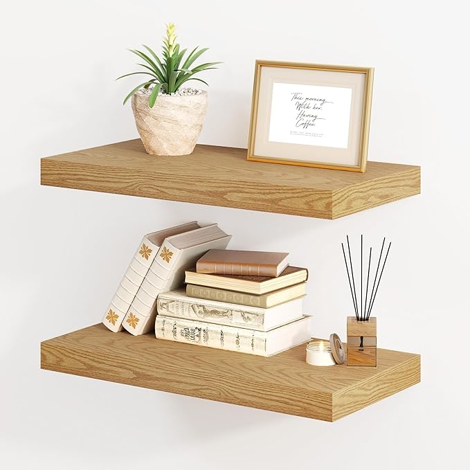 Fun Memories Floating Shelves for Wall, 8 Inch Deep Floating Wall Shelf, 16" x 8" Floating Shelves - Set of 2, Rustic Wooden Storage Shelves for Bathroom, Living Room, Kitchen-Ruum Studio Home