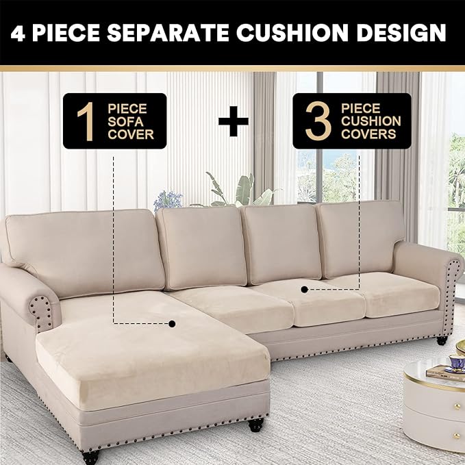 PrinceDeco Sectional Couch Covers 4 Pieces Couch Covers for Sofa Velvet Separate Couch Cover L Shape for Left/Right Chaise(3 Seater + 1 Chaise,Ivory)-Ruum Studio Home