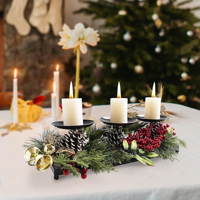 3 Pillar Black Metal Candle Holders for Table Centerpiece, Fall Thanksgiving & Halloween Dining Table, Fireplace Mantel Decor, Tray Candlestick for Living Room Rustic Decorations-Ruum Studio Home