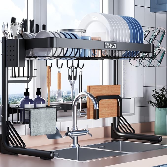 VNKZI Over Sink Dish Drying Rack, 2 Tier Full Stainless Steel Storage Adjustable Length (25.98'' to 36.61'') Kitchen Rack, Multifunctional Expandable Counter Organizer, Space Saver Dish Rack-Ruum Studio Home