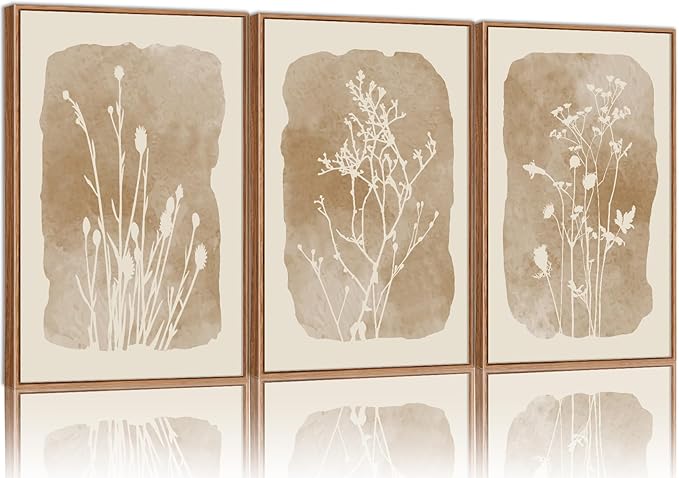 SIGNINART Boho Botanical Framed Canvas Wall Art Set, Neutral Wildflower Wall Decor, Vintage Floral Wall Painting, Art Print for Farmhouse Living Room, Bedroom, Office, Bathroom 16"x24"x3-Ruum Studio Home